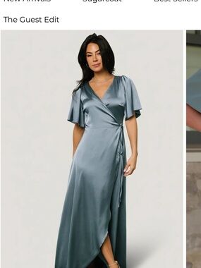 Baltic Born Satin High-Low Wrap Dress in Steel Blue